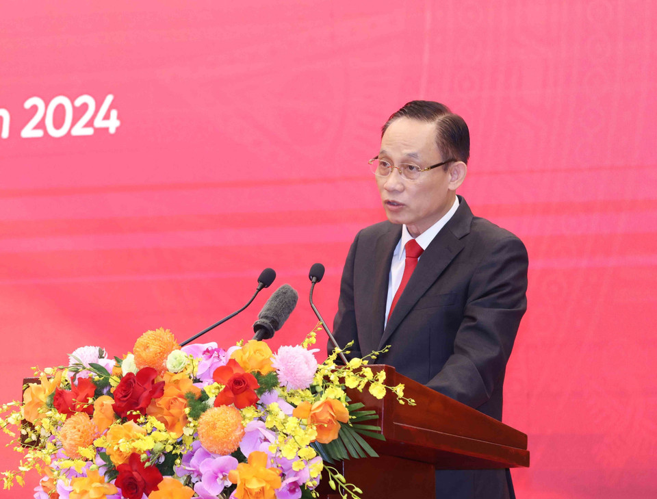 Đồng chí Lê Hoài Trung, Bí thư Trung ương Đảng, Trưởng Ban Đối ngoại Trung ương đọc diễn văn Lễ kỷ niệm. (Ảnh: Phương Hoa/TTXVN)