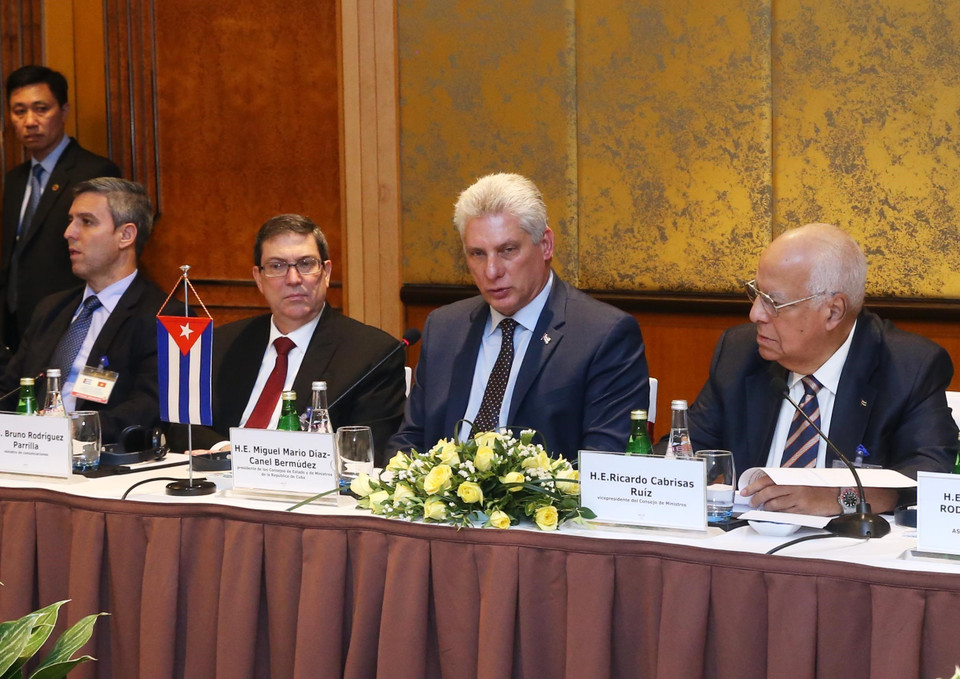 Chủ tịch Hội đồng Nhà nước và Hội đồng Bộ trưởng Cuba Miguel Mario Díaz-Canel Bermúdez phát biểu. (Ảnh: Lâm Khánh/TTXVN)