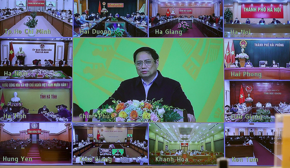 Hội nghị trực tuyến từ Chính phủ đến các bộ, ngành và các tỉnh, thành phố trực thuộc trung ương. (Ảnh: Dương Giang/TTXVN)