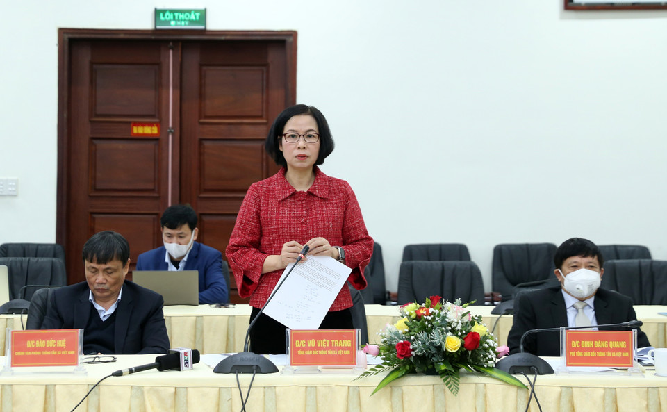 Tổng Giám đốc Thông tấn xã Việt Nam Vũ Việt Trang phát biểu tại buổi làm việc. (Ảnh: Quốc Khánh/TTXVN)