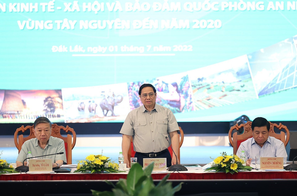 Thủ tướng Phạm Minh Chính chủ trì hội nghị tổng kết thực hiện Nghị quyết của Bộ Chính trị về phát triển vùng Tây Nguyên. (Ảnh: Dương Giang/TTXVN)