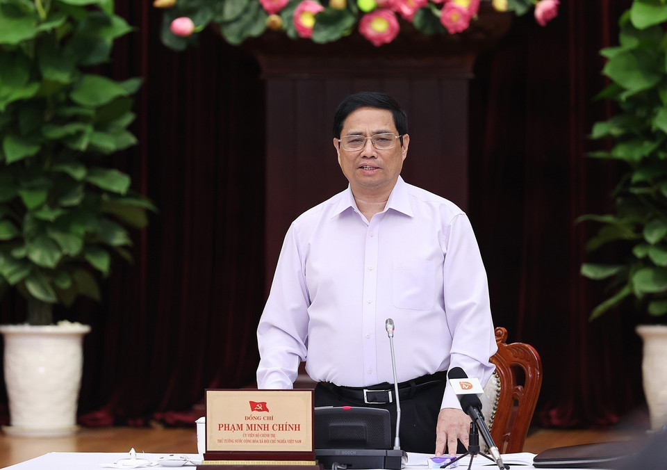 Thủ tướng Phạm Minh Chính phát biểu tại buổi làm việc với lãnh đạo chủ chốt thành phố Đà Nẵng. (Ảnh: Dương Giang/TTXVN)