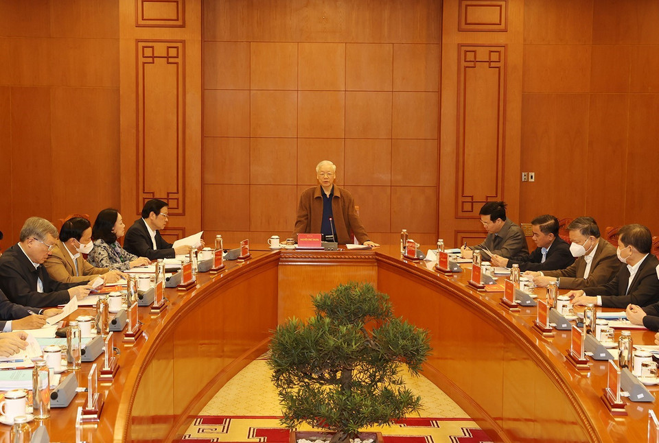 Tổng Bí thư Nguyễn Phú Trọng, Trưởng Ban Chỉ đạo thảo luận, cho ý kiến xử lý đối với một số vụ án, vụ việc thuộc diện Ban Chỉ đạo theo dõi, chỉ đạo; việc sửa đổi, bổ sung Quy chế làm việc và Quyết định phân công nhiệm vụ thành viên Ban Chỉ đạo. (Ảnh: Trí Dũng/TTXVN)