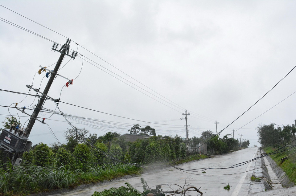 Cột điện trên địa bàn huyện M’ Đrắk, Đắk Lắk bị gãy đổ. (Ảnh: Tuấn Anh/TTXVN)