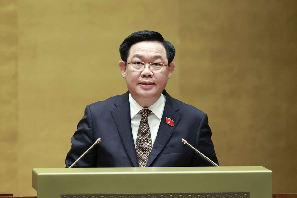 Hình ảnh Chủ tịch Quốc hội Vương Đình Huệ phát biểu bế mạc kỳ họp. (Ảnh: Doãn Tấn/TTXVN) 