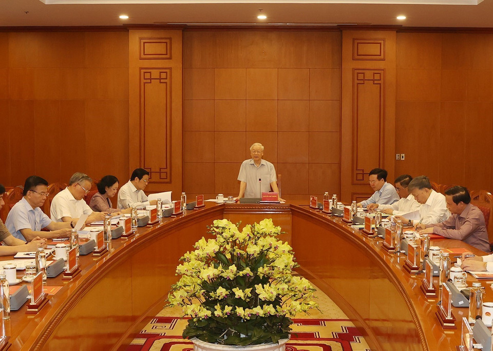 HÌnh ảnh Tổng Bí thư Nguyễn Phú Trọng chủ trì và phát biểu chỉ đạo cuộc họp. (Ảnh: Trí Dũng/TTXVN)