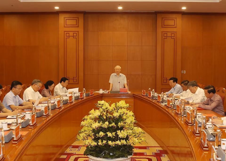 HÌnh ảnh Tổng Bí thư Nguyễn Phú Trọng chủ trì và phát biểu chỉ đạo cuộc họp. (Ảnh: Trí Dũng/TTXVN)