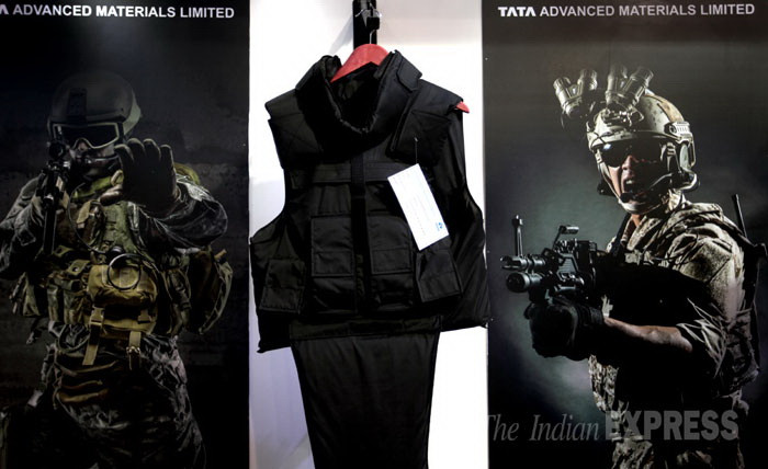 Mẫu áo giáp được trưng bày tại Defexpo India 2014. (Ảnh: Oinam Anand)