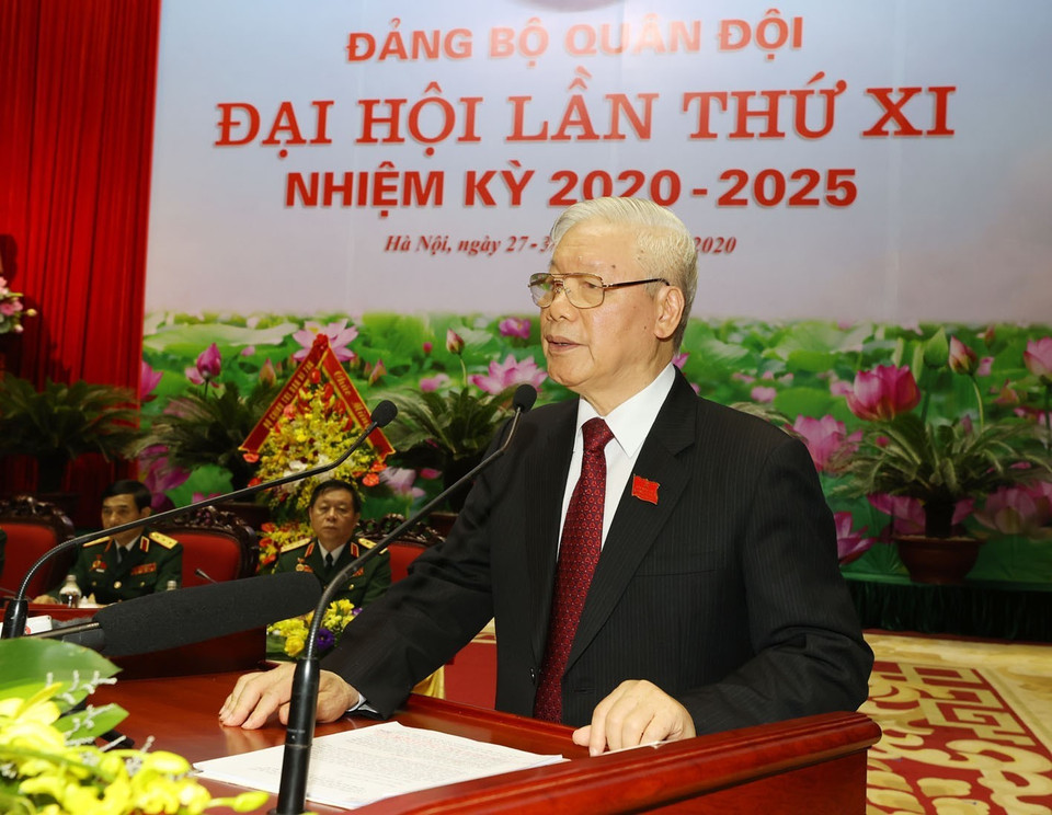 Tổng Bí thư, Chủ tịch nước Nguyễn Phú Trọng, Bí thư Quân ủy Trung ương phát biểu chỉ đạo Đại hội . (Ảnh: Trí Dũng/TTXVN)