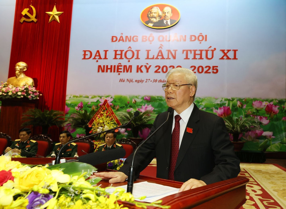 Tổng Bí thư, Chủ tịch nước Nguyễn Phú Trọng, Bí thư Quân ủy Trung ương phát biểu chỉ đạo Đại hội . (Ảnh: Trí Dũng/TTXVN)