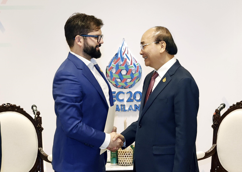 Chủ tịch nước Nguyễn Xuân Phúc gặp Tổng thống Chile Gabriel Boric. (Ảnh: Thống Nhất/TTXVN)