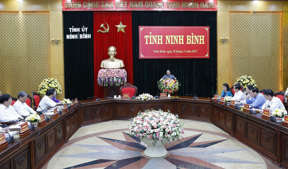 Chiều 18/11, tại Ninh Bình, Thủ tướng Phạm Minh Chính làm việc với Ban Thường vụ Tỉnh ủy và các cán bộ chủ chốt Ninh Bình về tình hình phát triển kinh tế-xã hội. (Ảnh: Dương Giang/TTXVN)