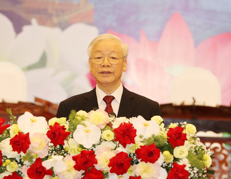 Tổng Bí thư Nguyễn Phú Trọng đọc Diễn văn chào mừng. (Ảnh: Trí Dũng/TTXVN)