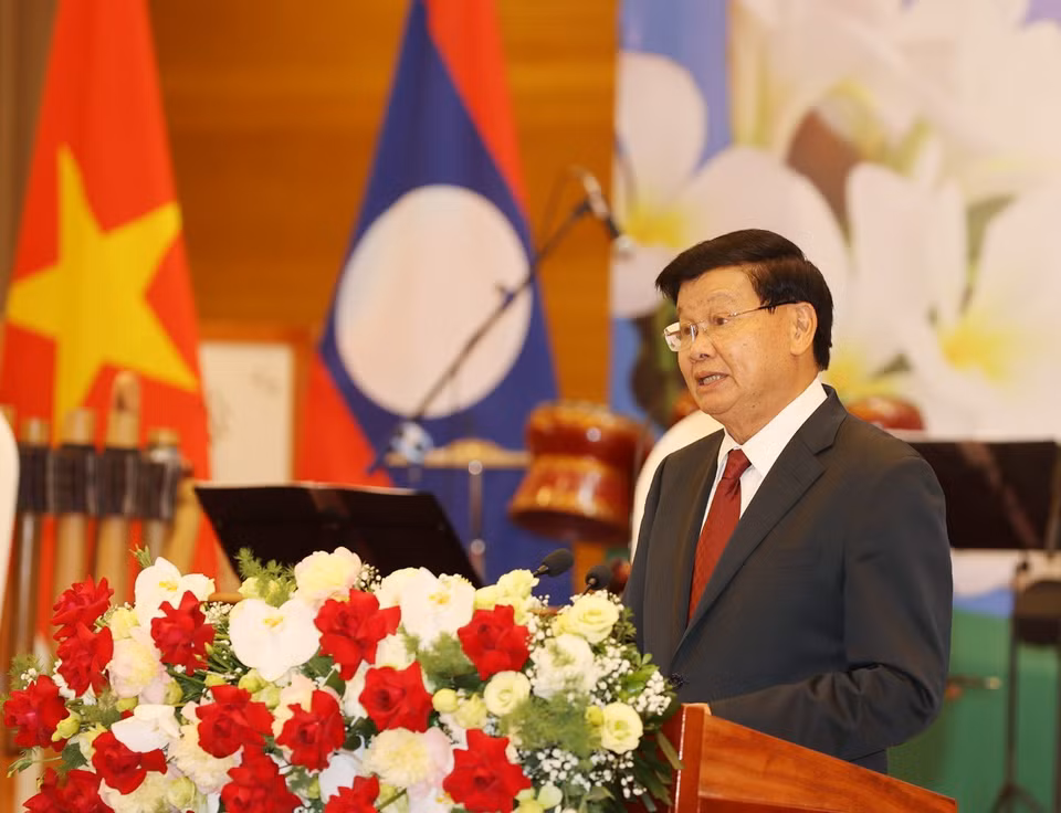 Tổng Bí thư, Chủ tịch nước Lào Thongloun Sisoulith đọc Diễn văn đáp từ. (Ảnh: Trí Dũng/TTXVN)