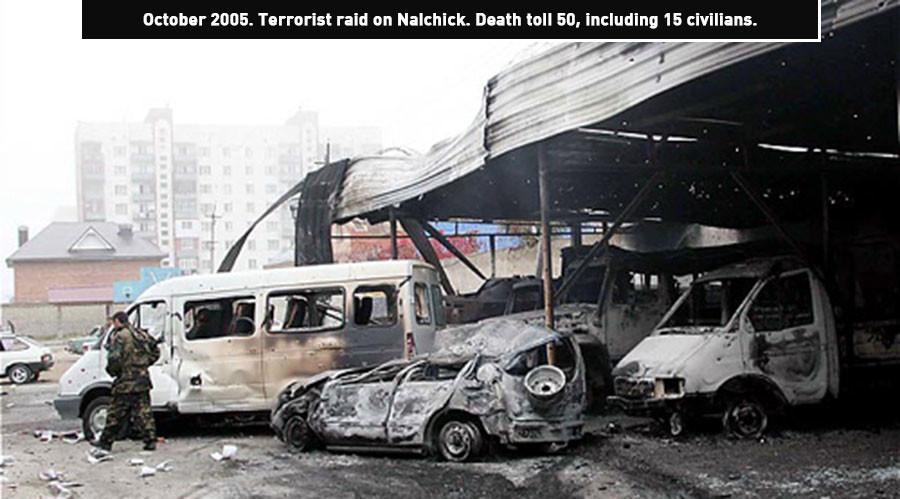 Tháng 10/2005, khủng bố đã tấn công Nalchick, thủ đô nước Cộng hòa Kabardino-Balkar, khiến 50 người thiệt mạng, trong đó có 15 dân thường. (Nguồn: Wikipedia)