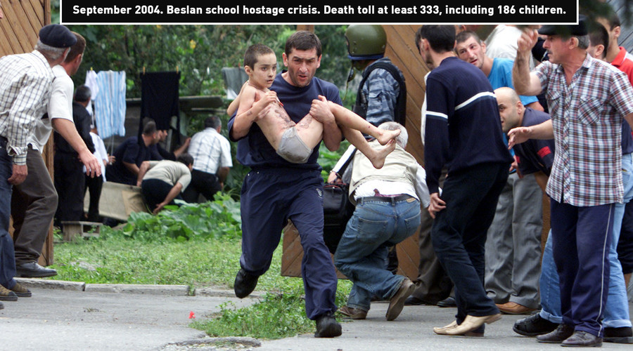 Tháng 9/2004, Tháng 9/2004, vụ khủng bố con tin diễn tại trường Beslan khi một nhóm vũ trang sát hại 333 người chết, trong đó có 186 trẻ em. (Nguồn: Reuters)