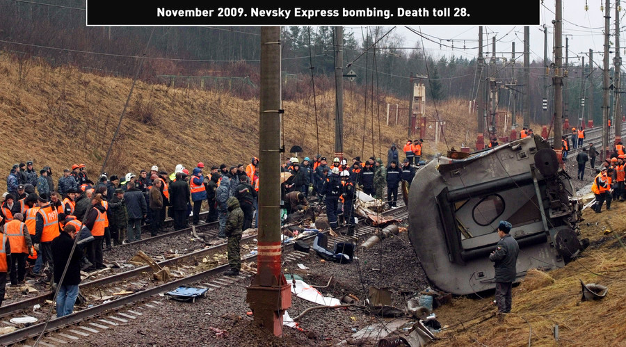 Tháng 11/2009, những kẻ khủng bố đã đánh bom trên tàu hỏa Nevsky Express, nối Moscow và St.Peterburg, khiến 28 người thiệt mạng. Trước đó, vào năm 2007, khủng bố cũng đã thực hiện một vụ tấn công khiến tàu Nevsky Express trật bánh nhưng may mắn không ai tử vong. (Nguồn: Reuters)