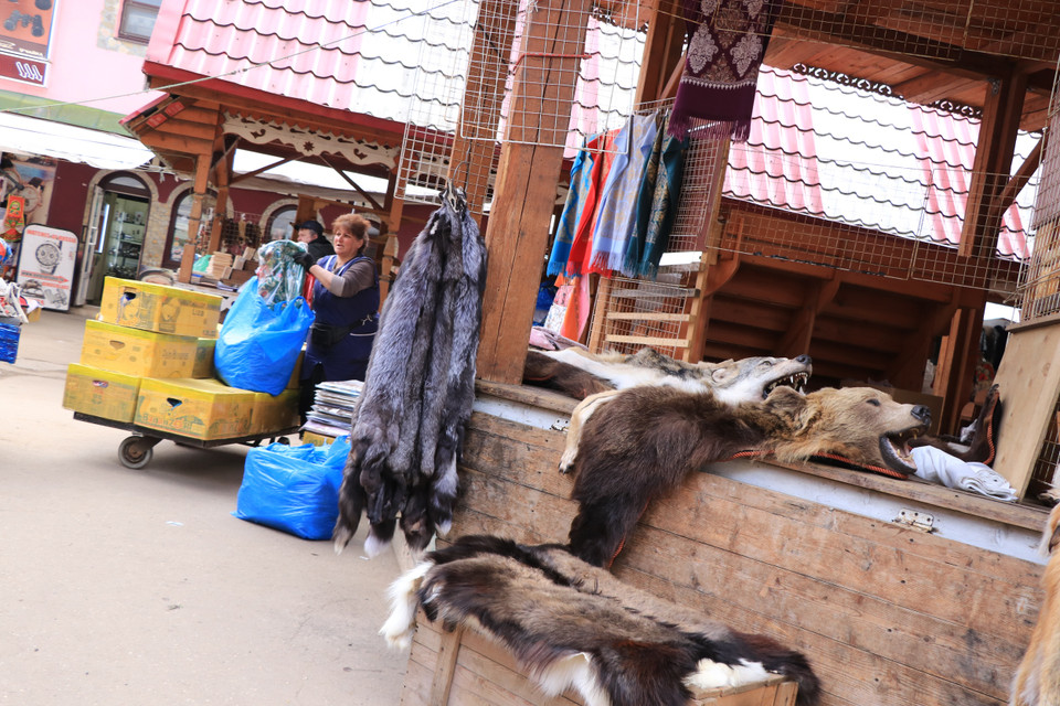 Những bộ lông thú như gấu, chó sói… được trưng bày tại khu chợ lưu niệm Vernissage. (Ảnh: Hùng Võ/Vietnam+)