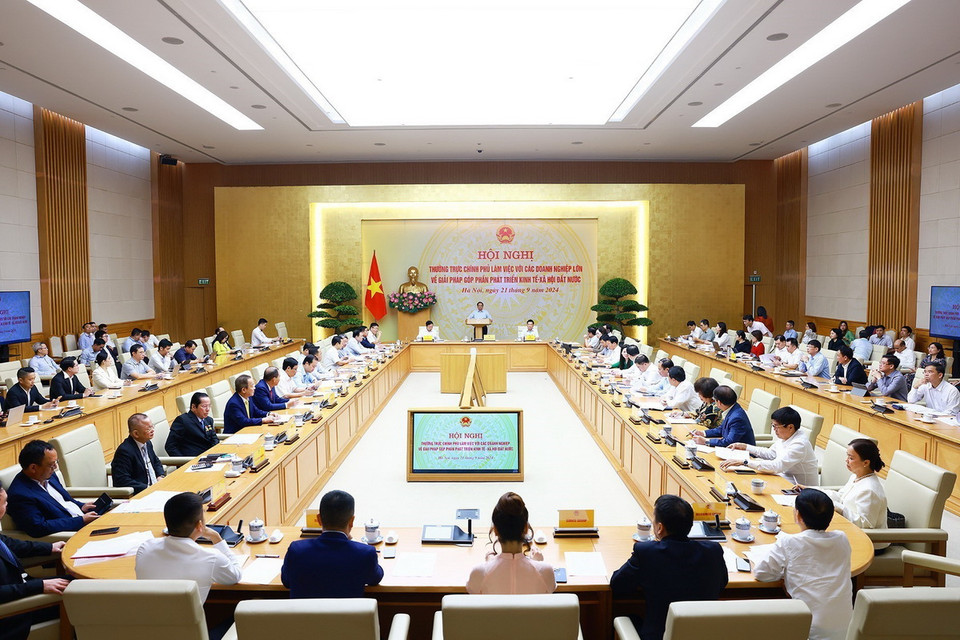 Hội nghị Thường trực Chính phủ làm việc với các doanh nghiệp lớn về giải pháp góp phần phát triển kinh tế-xã hội. (Ảnh: Dương Giang/ TTXVN)