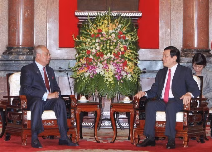 Chủ tịch nước Trương Tấn Sang tiếp Thủ tướng Malaysia Najib Razak thăm chính thức Việt Nam, ngày 4/4/2014, tại Phủ Chủ tịch. (Ảnh: Nguyễn Khang /TTXVN)