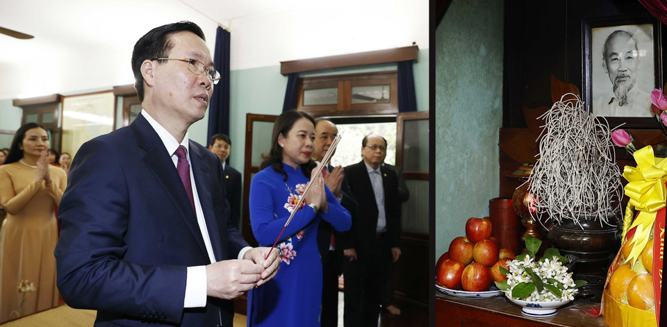 Chủ tịch nước Võ Văn Thưởng dâng hương tưởng niệm Chủ tịch Hồ Chí Minh tại Nhà 67, Khu di tích Chủ tịch Hồ Chí Minh trong Phủ Chủ tịch. (Ảnh: Thống Nhất/TTXVN)