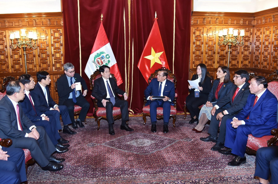 Chủ tịch nước Lương Cường hội kiến Chủ tịch Quốc hội Peru Eduardo Salhuana. (Ảnh: Lâm Khánh/TTXVN)