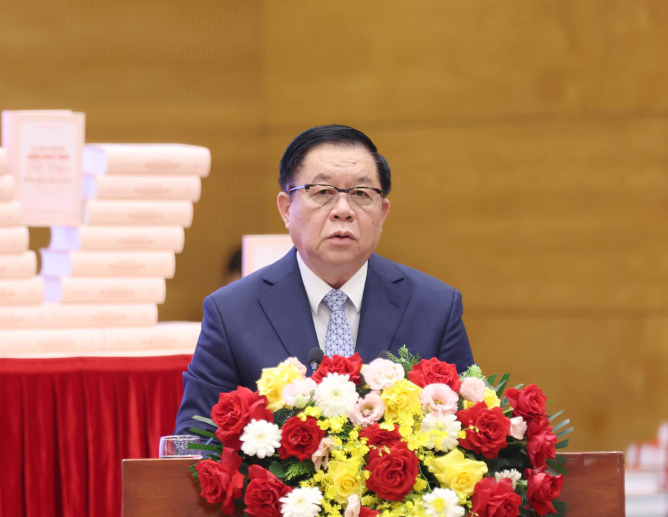 Ủy viên Bộ Chính trị, Bí thư Trung ương Đảng, Trưởng Ban Tuyên giáo Trung ương Nguyễn Trọng Nghĩa phát biểu tại buổi lễ. (Ảnh: Phương Hoa/TTXVN)