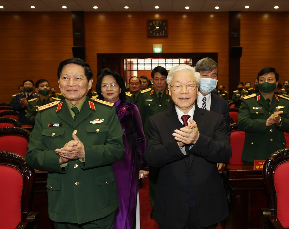 Tổng Bí thư, Chủ tịch nước Nguyễn Phú Trọng, Bí thư Quân ủy Trung ương đến dự Hội nghị. (Ảnh: Trí Dũng/TTXVN)