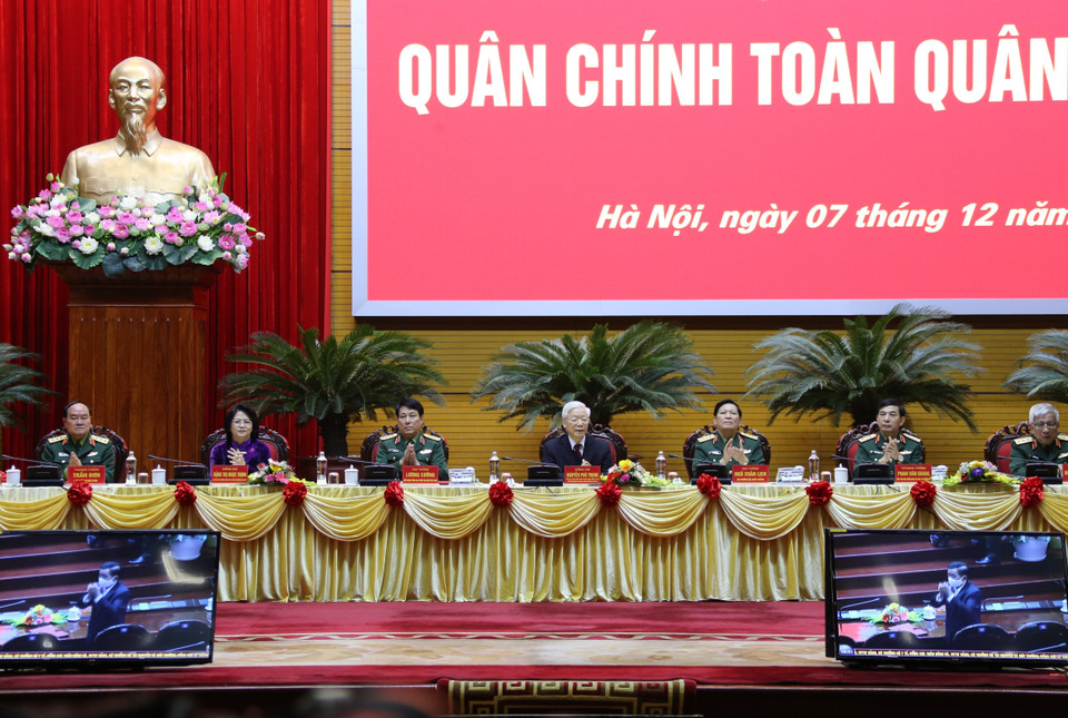 Tổng Bí thư, Chủ tịch nước Nguyễn Phú Trọng, Bí thư Quân ủy Trung ương chủ trì hội nghị. (Ảnh: Dương Giang/TTXVN)