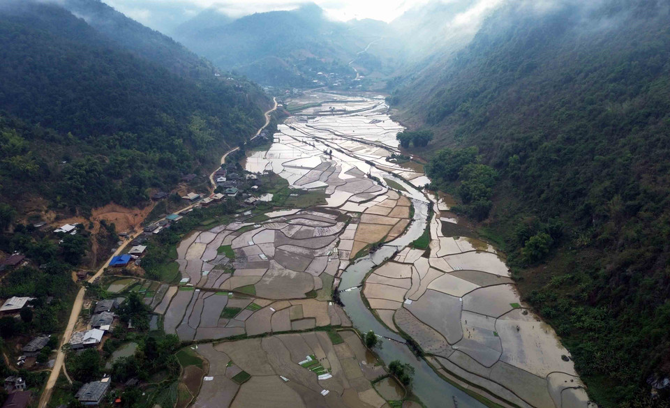 Những thửa ruộng tại bản É Tòng (Thuận Châu, Sơn La) mùa nước đổ. (Ảnh: Quang Quyết/TTXVN)