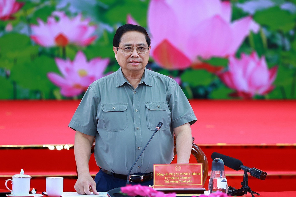 Thủ tướng Phạm Minh Chính phát biểu tại buổi làm việc. (Ảnh: Dương Giang/TTXVN)