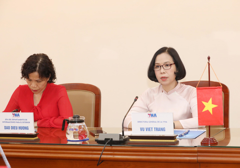Tổng giám đốc Thông tấn xã Việt Nam Vũ Việt Trang phát biểu tại buổi làm việc. (Ảnh: Phương Hoa/TTXVN)