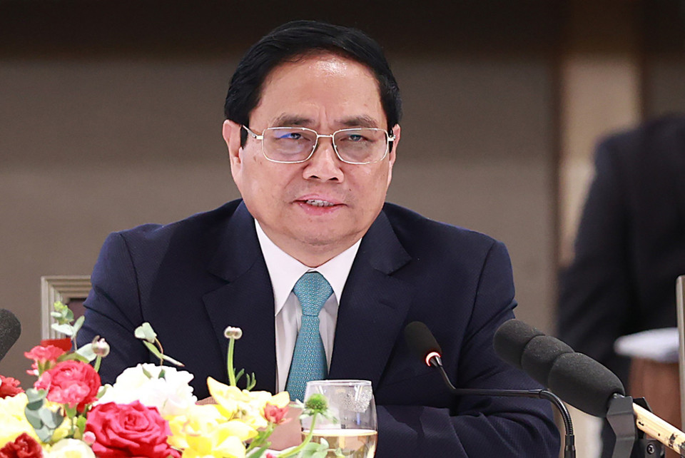 Thủ tướng Phạm Minh Chính phát biểu tại Diễn đàn doanh nghiệp Việt Nam thường niên 2023. (Ảnh: Dương Giang/TTXVN)