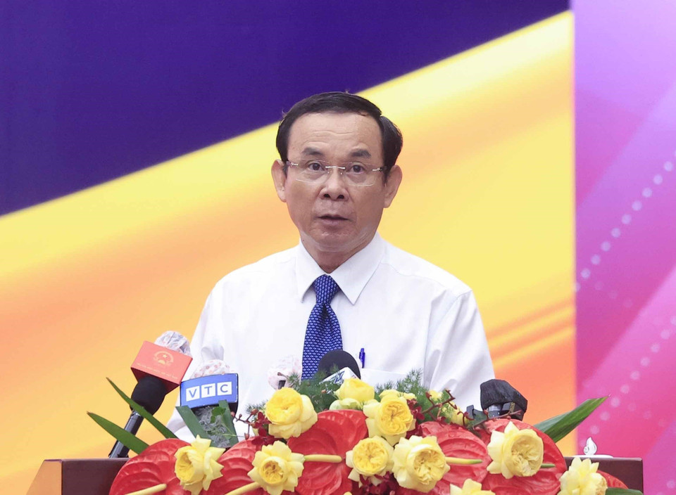 Ông Nguyễn Văn Nên, Ủy viên Bộ Chính trị, Bí thư Thành ủy Thành phố Hồ Chí Minh phát biểu khai mạc. (Ảnh: Thống Nhất/TTXVN)