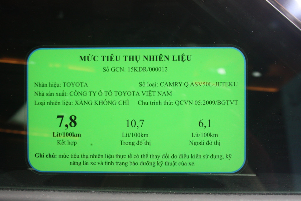 Các model đều được dán tem năng lượng màu xanh lá cây trên ô cửa kính phía sau do Cục đăng kiểm Việt Nam cấp. Bản 2.5Q có mức tiêu thụ kết hợp 7,8 lít/100 km. (Ảnh: Việt Hùng/Vietnam+)