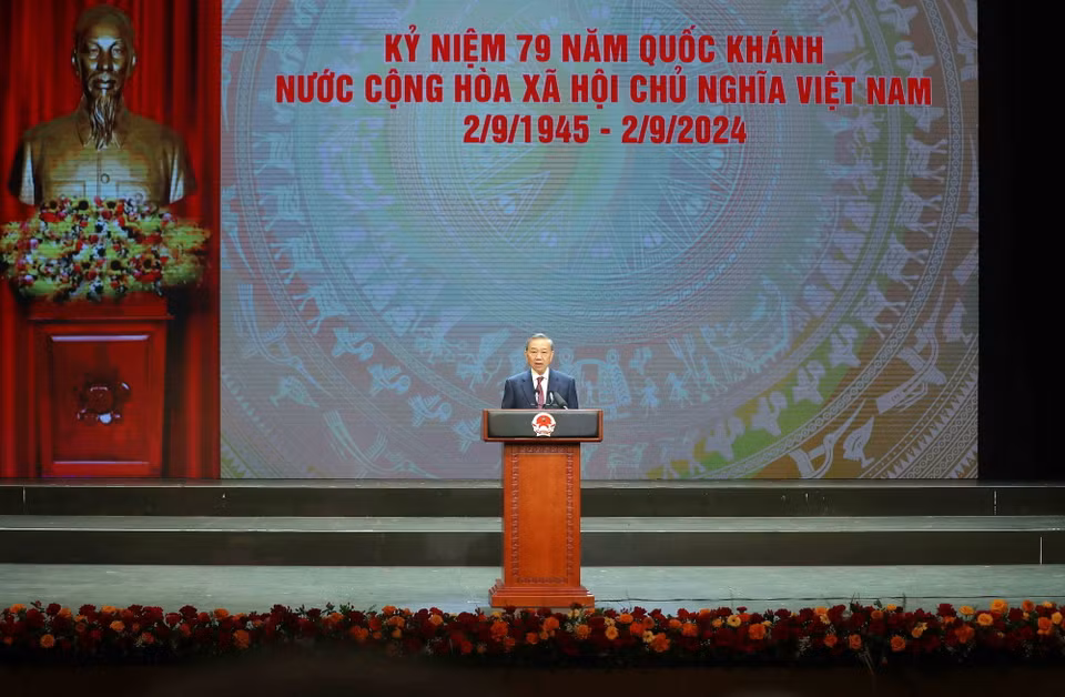 Tổng Bí thư, Chủ tịch nước Tô Lâm phát biểu tại lễ kỷ niệm. (Ảnh: Lâm Khánh/TTXVN)