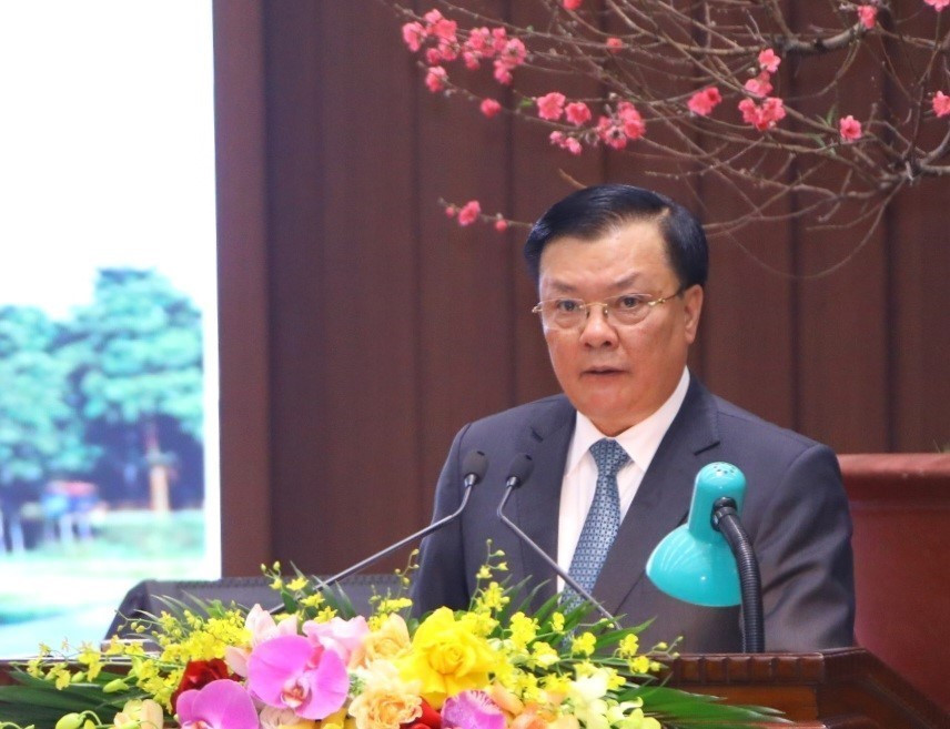 Bí thư Thành ủy Hà Nội Đinh Tiến Dũng phát biểu. (Ảnh: Văn Điệp/TTXVN)