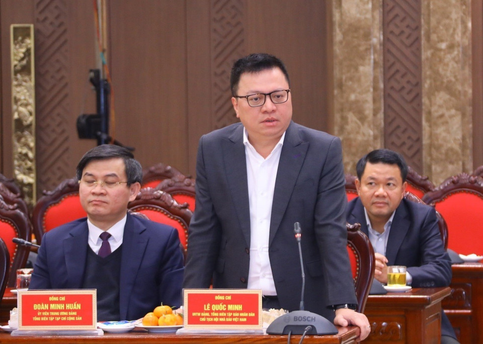 Ủy viên Trung ương Đảng, Tổng Biên tập Báo Nhân Dân Lê Quốc Minh phát biểu. (Ảnh: Văn Điệp/TTXVN)