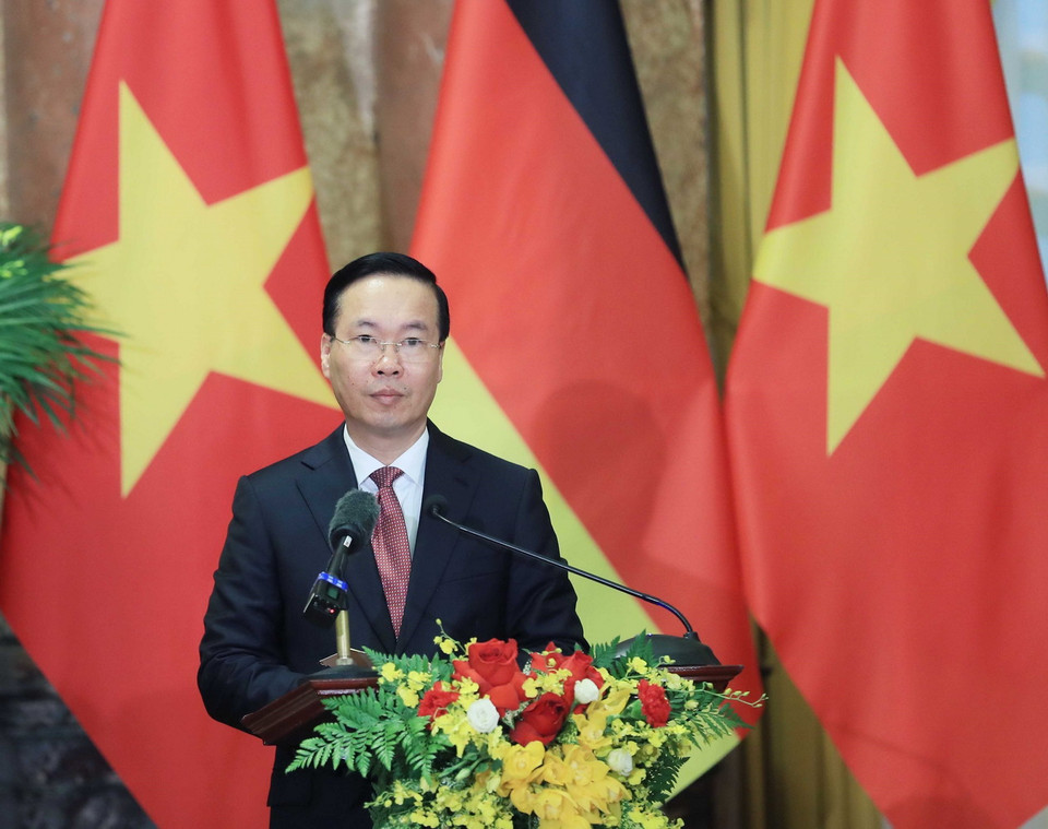 Chủ tịch nước Võ Văn Thưởng phát biểu tại cuộc gặp gỡ báo chí. (Ảnh: Thống Nhất/TTXVN)