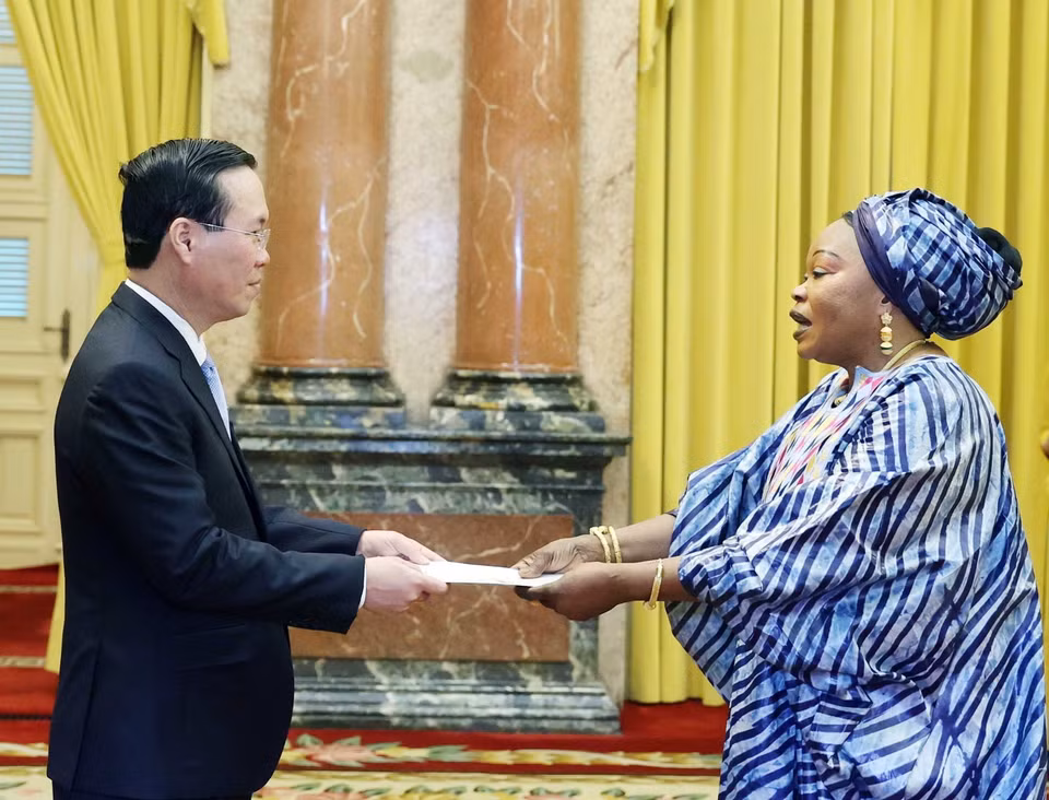 Chủ tịch nước Võ Văn Thưởng tiếp bà Aminata Koita, Đại sứ Guinea đến trình Quốc thư, nhận nhiệm kỳ công tác tại Việt Nam. (Ảnh: Thống Nhất/TTXVN)