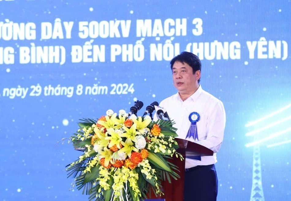 Tổng giám đốc Tập đoàn Điện lực Việt Nam (EVN) Nguyễn Anh Tuấn phát biểu tại điểm cầu chính Phố Nối (Hưng Yên). (Ảnh: Huy Hùng/TTXVN)