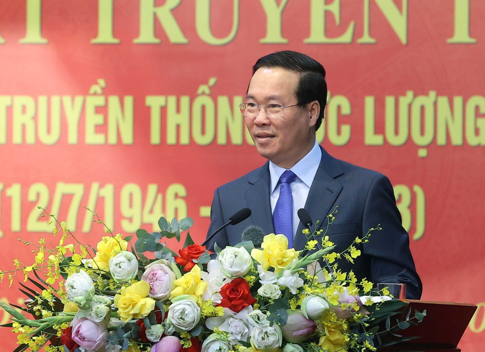 Chủ tịch nước Võ Văn Thưởng phát biểu chỉ đạo tại buổi làm việc. (Ảnh: Thống Nhất/TTXVN)