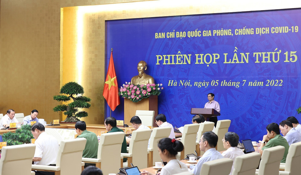 Sáng 5/7, tại Hà Nội, Thủ tướng Phạm Minh Chính chủ trì phiên họp lần thứ 15 của Ban Chỉ đạo Quốc gia phòng, chống dịch COVID-19 với các tỉnh, thành phố trong cả nước theo hình thức trực tuyến. (Ảnh:Dương Giang/TTXVN)