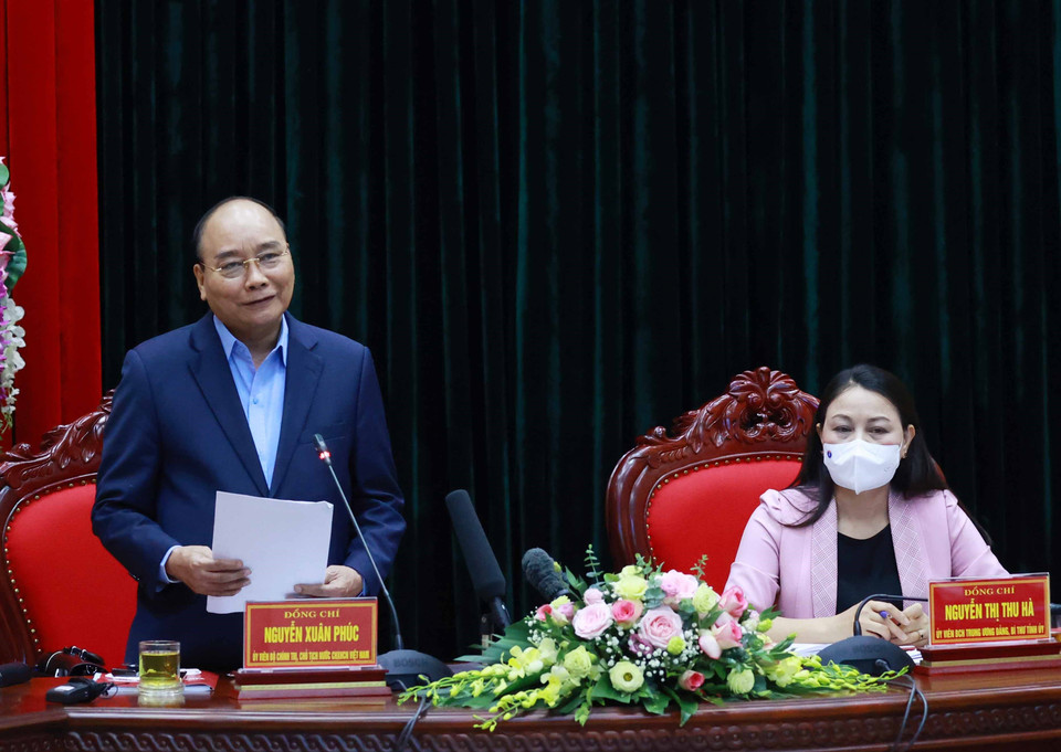 Chủ tịch nước Nguyễn Xuân Phúc phát biểu tại buổi làm việc. (Ảnh: Thống Nhất/TTXVN)