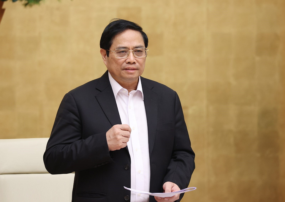 Hình ảnh Thủ tướng Phạm Minh Chính phát biểu kết luận hội nghị. (Ảnh: Dương Giang/TTXVN)