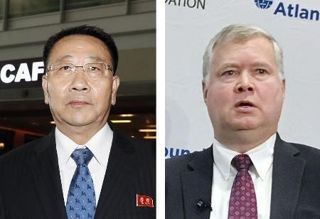 Cuộc đàm phán cấp chuyên viên ngày 5/10/2019 giữa Đại diện đặc biệt của Mỹ về Triều Tiên Stephen Biegun (phải) và Trưởng đoàn đàm phán Triều Tiên Kim Myong-gil (trái) về chương trình hạt nhân của Bình Nhưỡng được nối lại ở Lidingo, Thụy Điển sau nhiều tháng bế tắc đã đổ vỡ ngay khi bắt đầu. Ông Kim Myong-gil khẳng định lý do đàm phán không mang lại kết quả hoàn toàn là do phía Mỹ không chịu từ bỏ lập trường và quan điểm cũ, mặc dù đến nay Washington đã gợi ý về một cách tiếp cận linh hoạt và sáng tạo. (Ảnh: Kyodo/TTXVN)