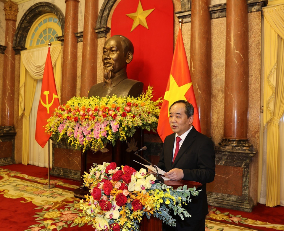 Chủ nhiệm Văn phòng Chủ tịch nước Lê Khánh Hải phát biểu tại Lễ bàn giao. (Ảnh: Trí Dũng/TTXVN)