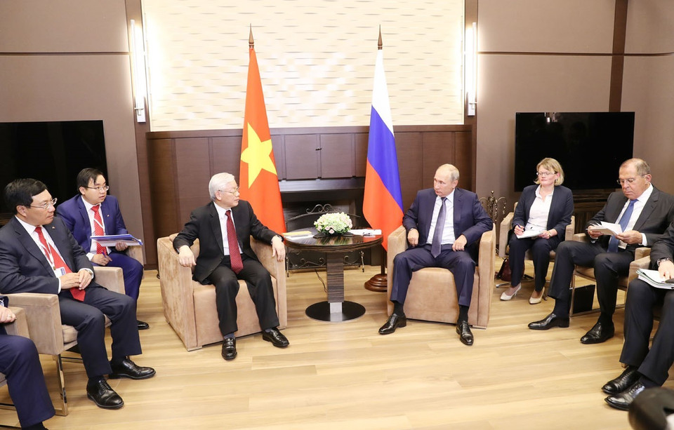 Tổng Bí thư Nguyễn Phú Trọng hội đàm với Tổng thống Liên bang Nga Vladimir Putin. (Ảnh: Trí Dũng/TTXVN)
