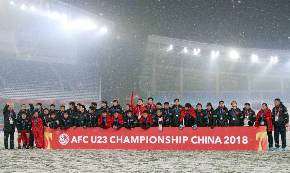Đội tuyển bóng đá U23 Việt Nam giành ngôi á quân tại Giải vô địch bóng đá U23 châu Á năm 2018 ở Thường Châu (Trung Quốc) - một kỳ tích mà bóng đá Việt Nam chưa từng làm được. (Ảnh: Hoàng Linh/TTXVN)
