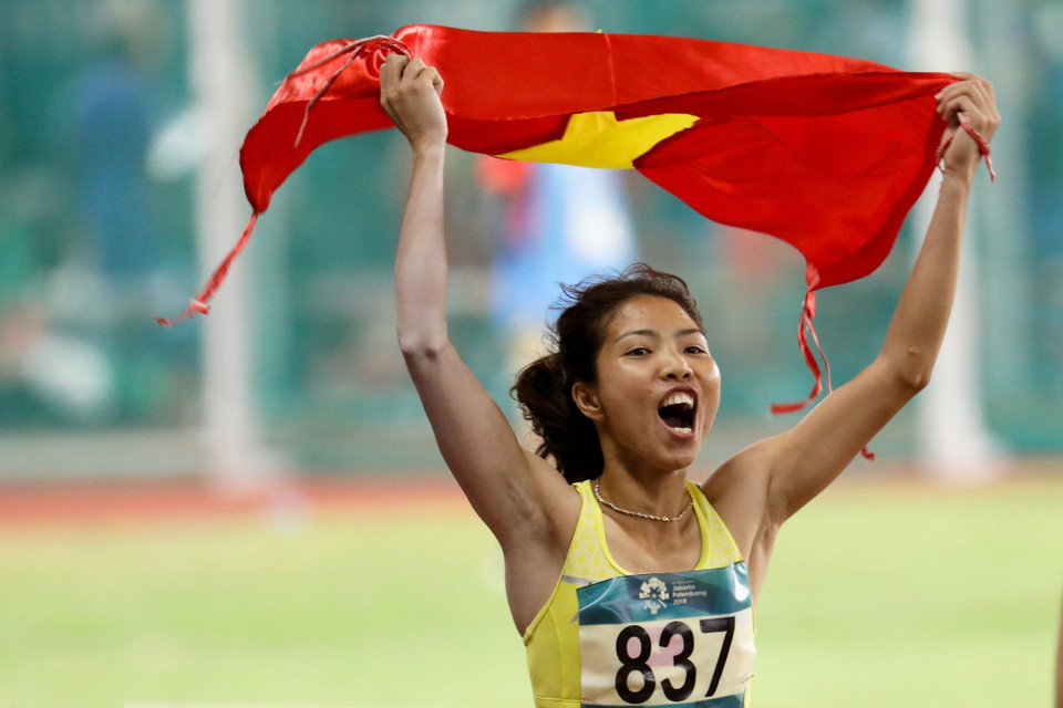 Vận động viên nhảy xa Bùi Thu Thảo giành Huy chương vàng tại Giải vô địch điền kinh Châu Á 2017 và Đại hội Thể thao châu Á 2018 ở Indonesia; Huy chương bạc tại Đại hội Thể thao châu Á 2014 ở Incheon (Hàn Quốc). (Ảnh: TTXVN)